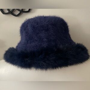 Genuine angora fur navy blue bucket hat chic glam party casual ski winter